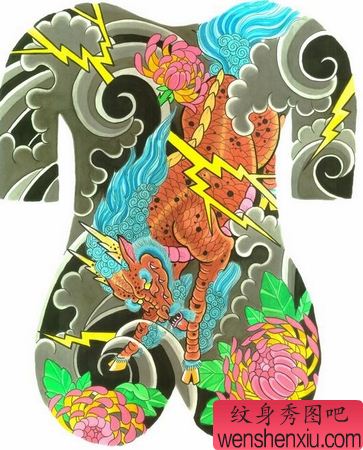 麒麟纹身图案:满背彩色麒麟菊花纹身图案