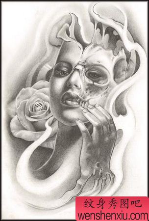 欧美纹身图案:欧美美女骷髅玫瑰花纹身图案