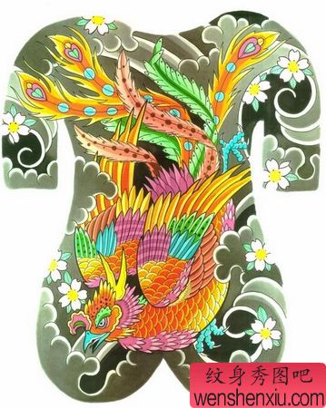 凤凰纹身图案:满背彩色凤凰樱花纹身图案