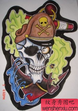 骷髅纹身图案:另类经典海盗骷髅头纹身图案