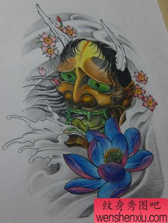 般若纹身图案:彩色般若莲花樱花纹身图案