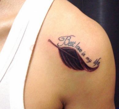 肩部纹身图案:肩部树叶文字纹身图案