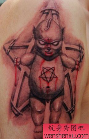 欧美纹身图案：手臂欧美小恶魔五芒星纹身图案
