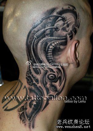 头部纹身图案:头部3D机械纹身图案
