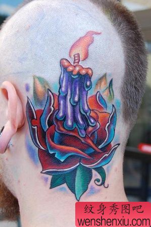 头部纹身图案:头部彩色蜡烛玫瑰纹身图案