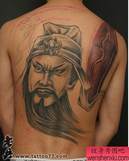 关公纹身图案:满背关公头像肖像纹身图案