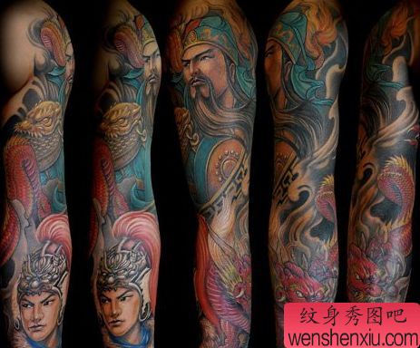 关公纹身图案:彩色关公赵云龙花臂纹身图案
