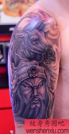 关公纹身图案:手臂关公头像肖像赤兔马纹身图案