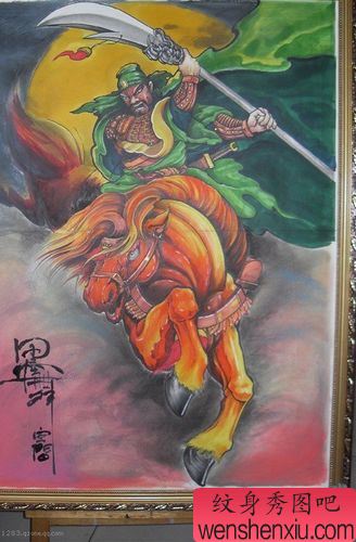 关公纹身图案:彩色战马关公纹身图案