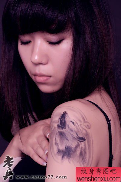 狼纹身图案:美女手臂狼头纹身图案