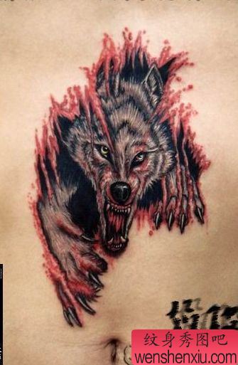 狼纹身图案:腹部撕皮狼狼头纹身图案
