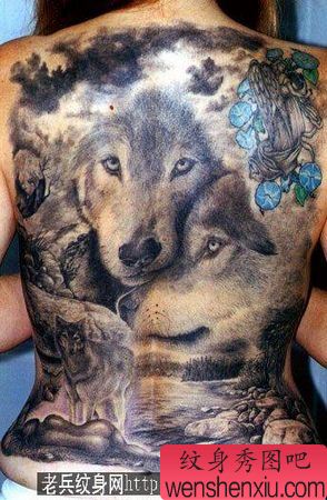 狼纹身图案:满背狼狼头纹身图案