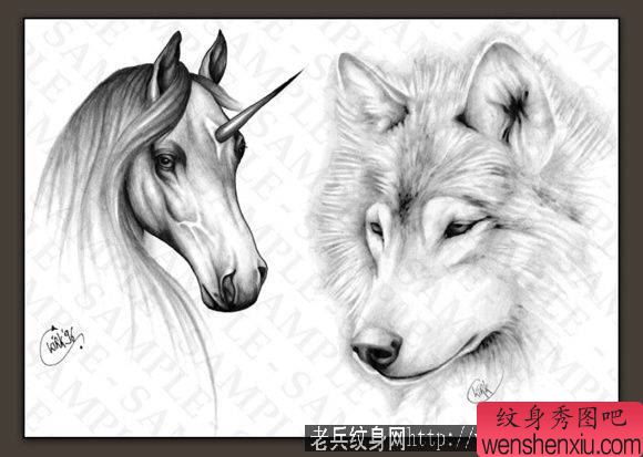 狼纹身图案:一幅狼头独角兽纹身图案