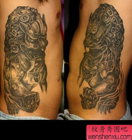 狮子纹身图案:腰部石狮子纹身图案