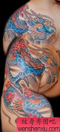 披肩龙纹身图案:一幅彩色披肩龙樱花纹身图案