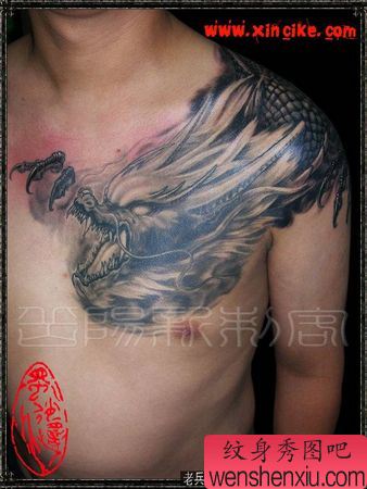 披肩龙纹身图案:欧美披肩龙过肩龙龙头纹身图案
