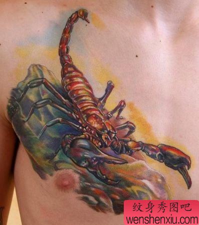 蝎子纹身图案:胸部3D彩色蝎子纹身图案