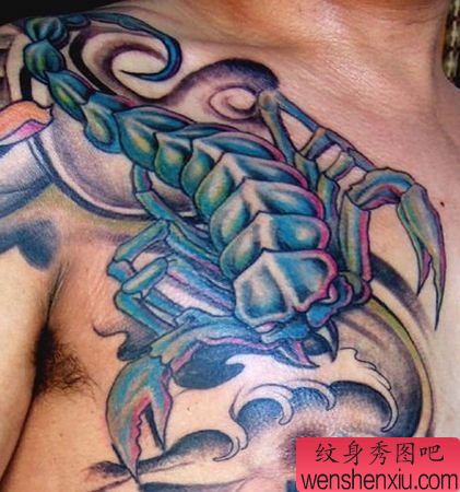 蝎子纹身图案:一幅胸部彩色蝎子纹身图案