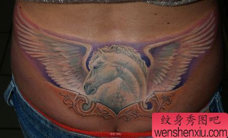 独角兽纹身图案:腰部彩色独角兽翅膀纹身图案