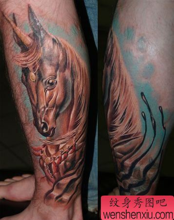 独角兽纹身图案:腿部3D彩色独角兽纹身图案