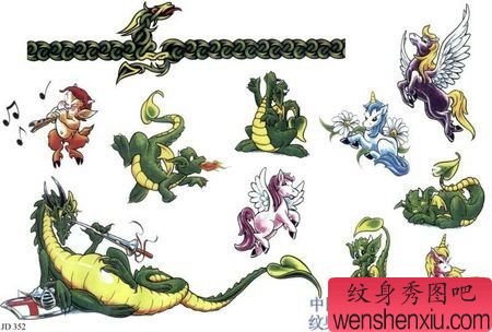 独角兽纹身图案:一幅可爱流行小恐龙独角兽纹身图案