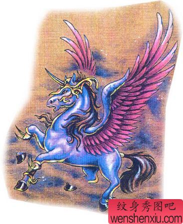 一幅华丽的彩色独角兽翅膀纹身图案