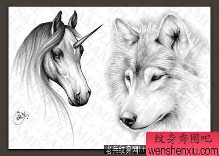 一幅独角兽狼头纹身图案