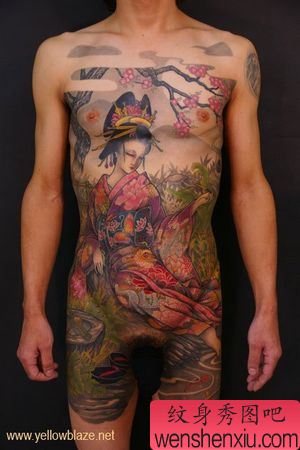 前胸彩色日本美女艺妓纹身图案