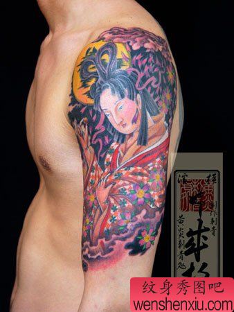 手臂彩色日本美女艺妓纹身图案