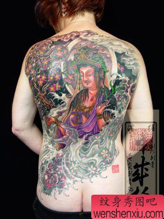 日本纹身图案:满背观音菩萨樱花纹身图案