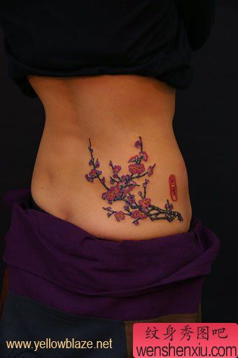 日本纹身图案:一幅美女腰部彩色樱花纹身图案
