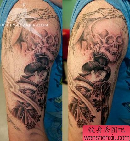 日本纹身图案:手臂日本艺妓骷髅纹身图案