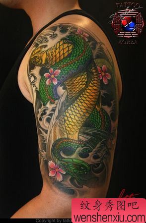 蛇纹身图案:手臂彩色蛇缠鲤鱼纹身图案