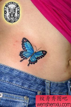 腹部纹身图案:美女腹部彩色蝴蝶纹身图案