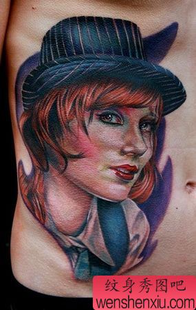 腹部彩色欧美美女肖像纹身图案