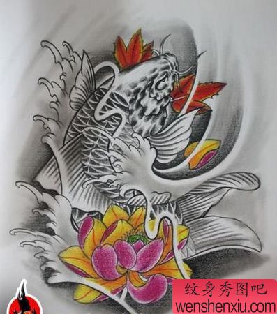 男性纹身图案:彩色鲤鱼莲花枫叶纹身图案