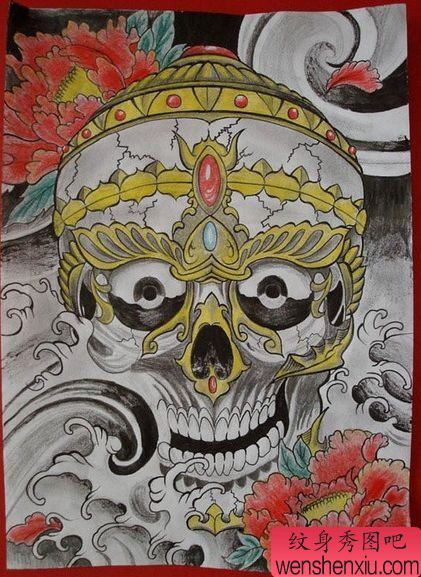 男性纹身图案:彩色嘎巴拉牡丹花纹身图案