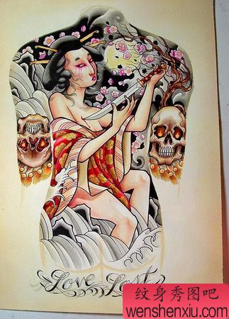 男性纹身图案:满背美女艺妓樱花骷髅纹身图案