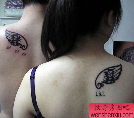 后背翅膀数字情侣纹身图片