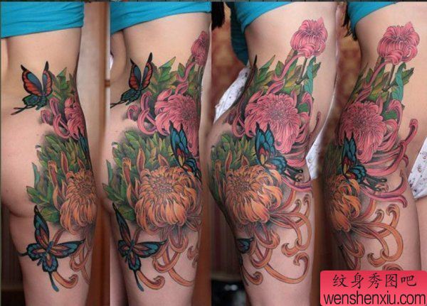 性感的美女臀部彩色菊花蝴蝶纹身图案
