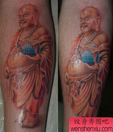 腿部彩色弥勒佛纹身图案
