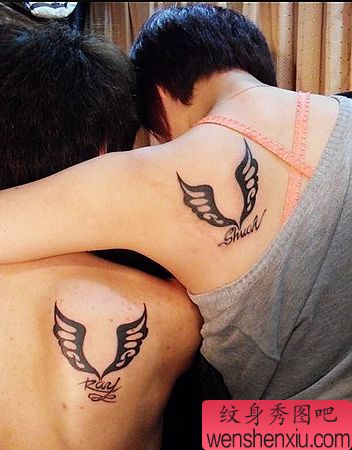 情侣纹身:肩部情侣图腾翅膀纹身图案