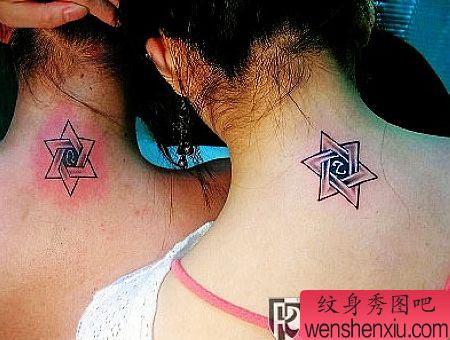 颈部六芒星情侣纹身图案