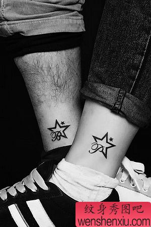 腿部情侣图腾五角星英文字母纹身图案