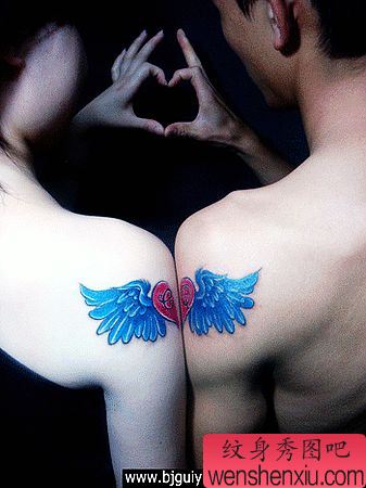 手臂彩色情侣爱心翅膀纹身