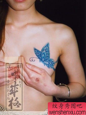 日本纹身师美女胸部彩色蝴蝶纹身作品