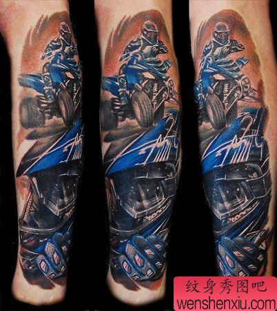 手臂3D彩色摩托手纹身图案