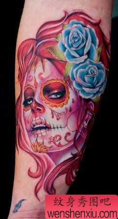 手臂彩色欧美美女玫瑰花纹身