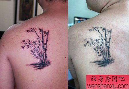 肩部黑灰竹子纹身图案