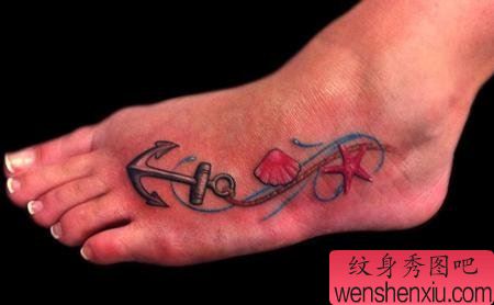 脚部铁锚海星贝壳纹身